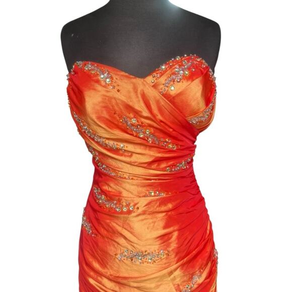 Y2K Orange Iridescent Beaded Fairy Glam Strapless Maxi Dress S Neon Prom Femme - Picture 4 of 9